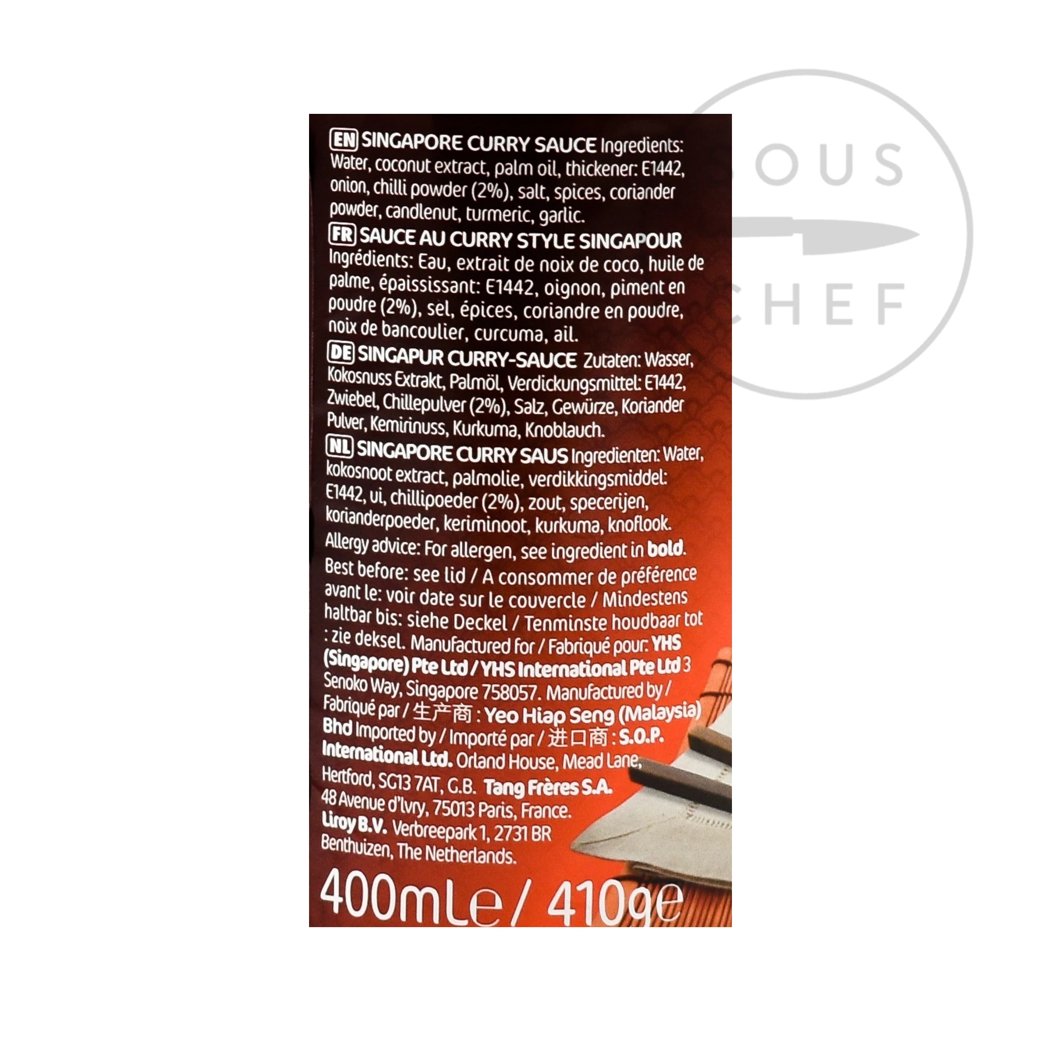 Yeo's Yeo Singapur Hot Curry Sauce 400ml Zutaten 2 Yeo's Yeo Singapur Hot Curry Sauce 400ml Zutaten – Bild 2