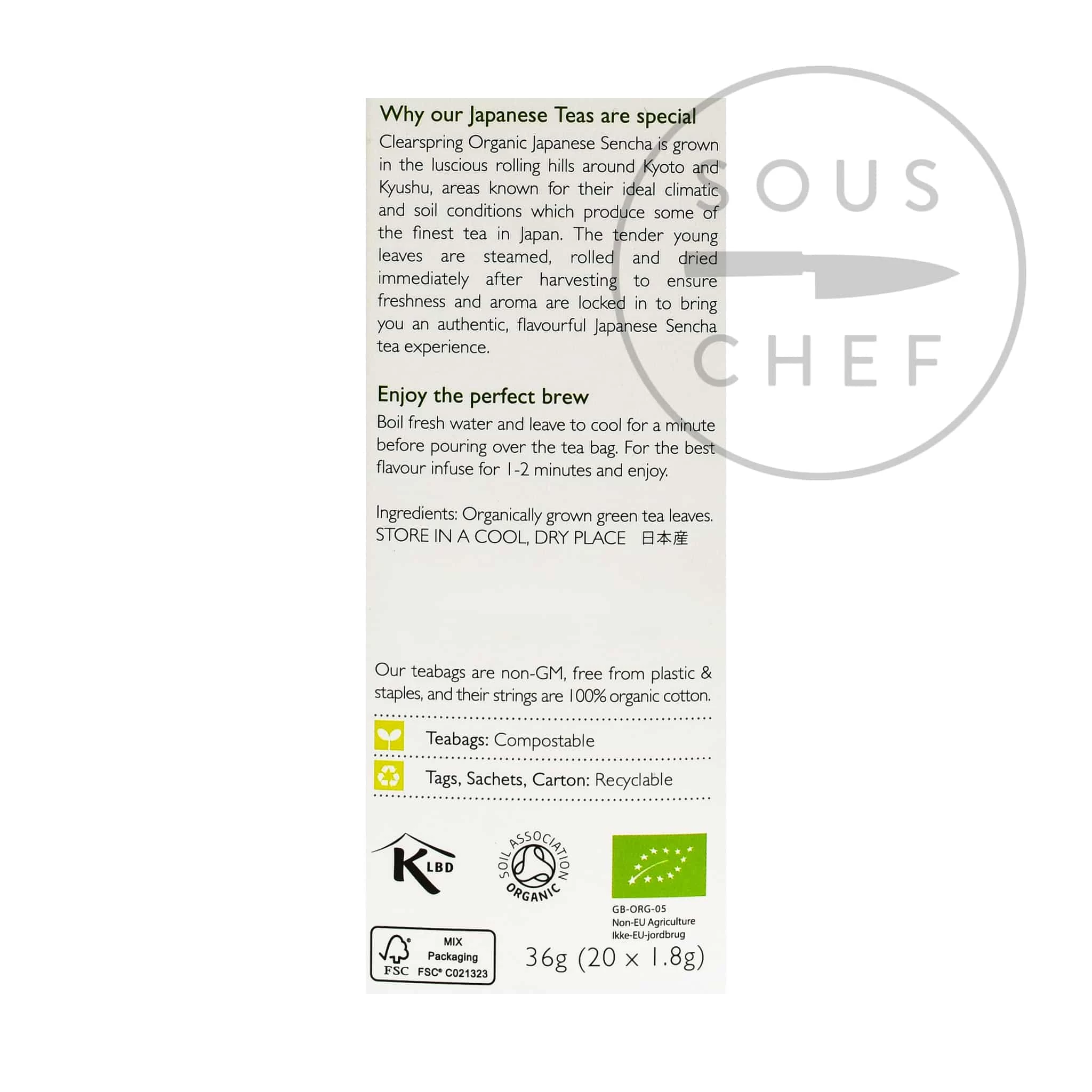 Zutaten Clearspring Sencha Grüner Tee - 20 Taschen 2 Zutaten Clearspring Sencha Grüner Tee - 20 Taschen – Bild 2